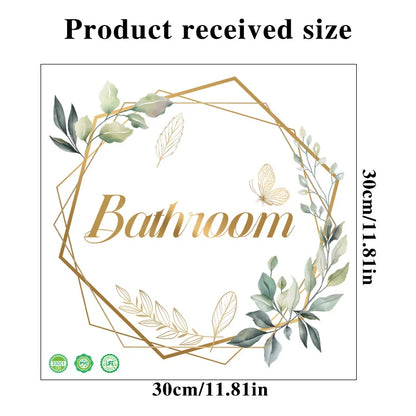 Green Plant Toilet Door Sticker Golden Letter Removable Self-adhesive Waterproof PVC Bathroom Decoration Decal