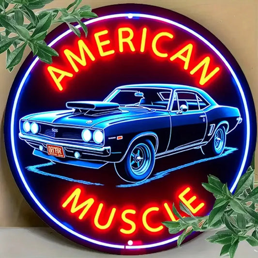 1 Letrero de Neón de Coche Clásico Americano de Inspiración Vintage, Arte de Pared Redondo de Aluminio con Bordes Elegantes, Rojo y Azul Brillante, Perfecto para Cafetería