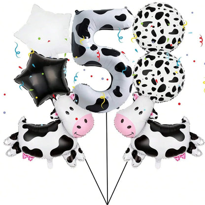 7pcs Big Cow Balloon Set 40 inch Black White Number 0-9 Foil Balloons | Farm Animal Birthday Party Decor