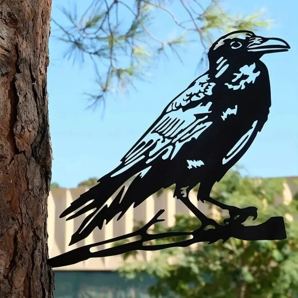 Décoration de jardin en métal - Silhouette de corbeau et de hibou en acier, sculpture artistique, décoration de jardin extérieure résistante aux intempéries