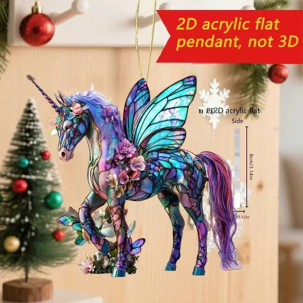 Pendentif de rétroviseur de voiture cheval acrylique 2D, ornement de sapin de Noël, décoration de fête de Nouvel An à suspendre