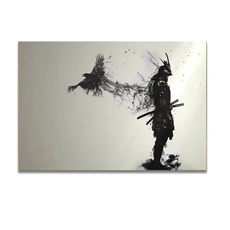 Affiches et impressions murales d'homme samouraï noir japonais en noir et blanc avec corbeaux, tableau sur toile pour salon, décorations Cuadros