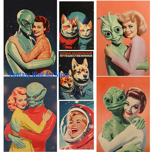 Space Travel Art Poster Vintage Comic Alien Poster Funny Alien with Human Wall Decor Bar Humor Retro Decoration 90s Canvas Print
