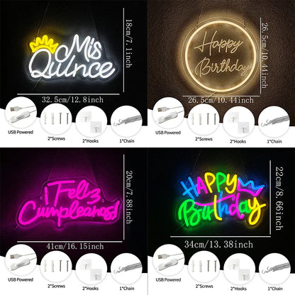 Birthday Theme Neon Sign, Led Letter Lamp Wall Decor, Usb Powered, Home Party, Birthday Party Decor, Easy To Hang.