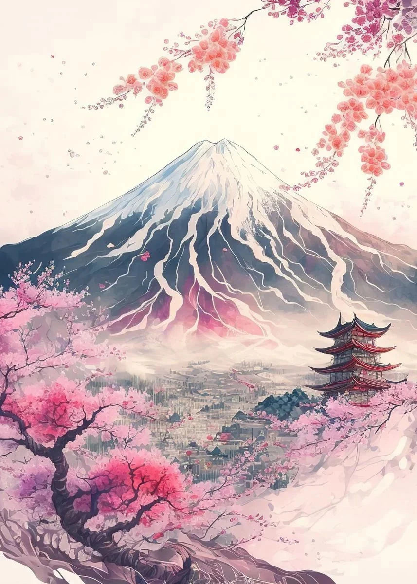 Póster japonés de flor de cerezo, montaña Fuji, puesta de sol, Tokio, lienzo impreso en HD, pintura artística de pared, imágenes, decoración del hogar