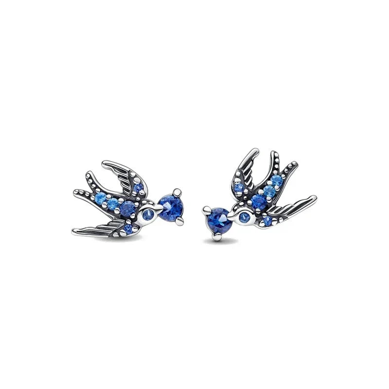 Double Hoop Swallow Sunflower Stud Earrings | 925 Sterling Silver Fine Jewelry Gift for Women