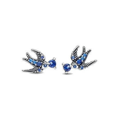 Double Hoop Swallow Sunflower Stud Earrings | 925 Sterling Silver Fine Jewelry Gift for Women
