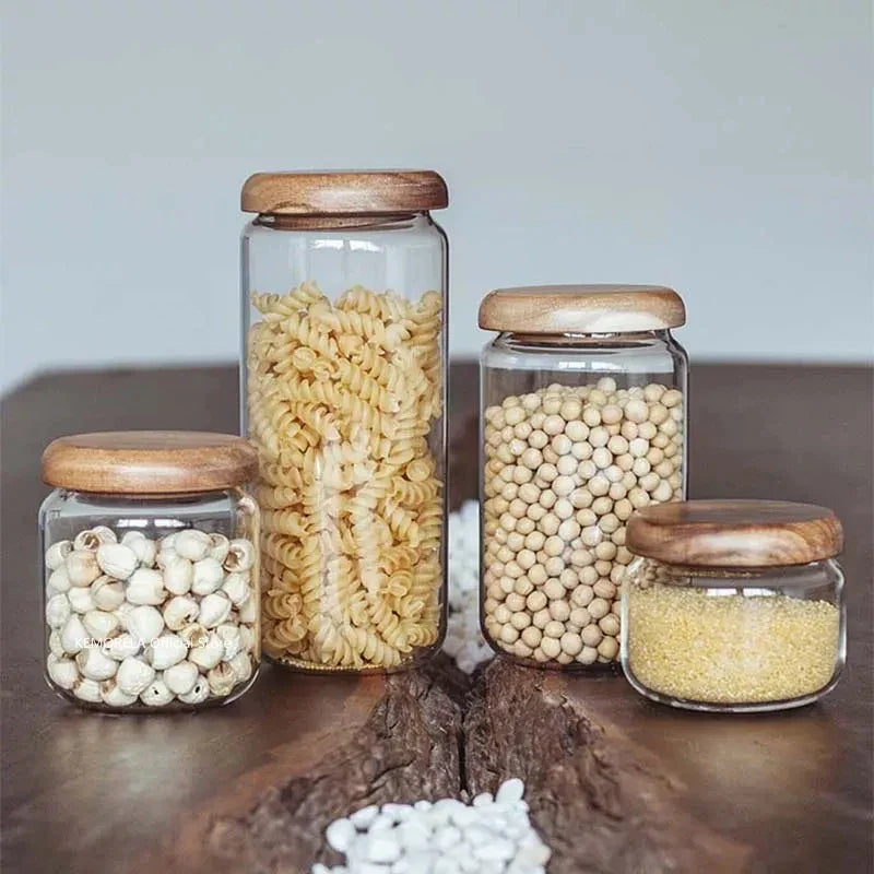 KEMORELA Bocal de conservation alimentaire transparent en bois d'acacia, pot à thé rond, pour fruits secs, snacks, pot de rangement en verre scellé pour la cuisine