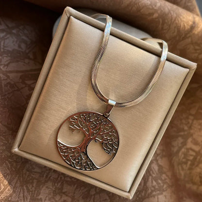 Tree of Life Pendant Necklace | Stainless Steel Snake Chain Choker for Men and Women