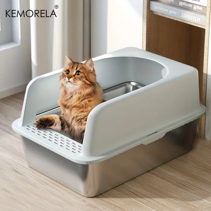 Bac à litière en acier inoxydable XL 60/50CM avec couvercle, bac à litière haut, convient aux grands et petits chats, n'absorbe pas les odeurs