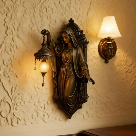 Vintage Mermaid Wall Lamp Resin Virgin Mary Statue Night Light Home Decor