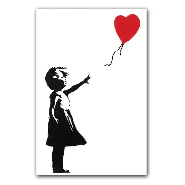Niña y Globo Rojo Arte de Banksy Pintura en Lienzo con Caracteres Nórdicos Mural Póster para Sala de Estar Dormitorio Bar Decoración del Hogar