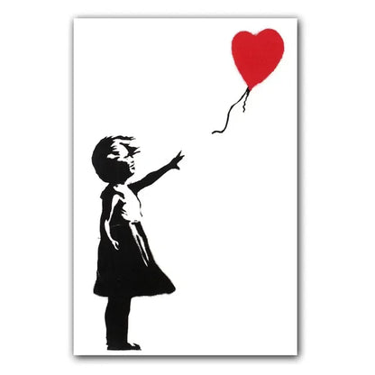 Niña y Globo Rojo Arte de Banksy Pintura en Lienzo con Caracteres Nórdicos Mural Póster para Sala de Estar Dormitorio Bar Decoración del Hogar