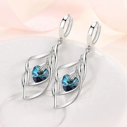 925 Silver Blue Crystal Drop Earrings | Hollow Long Dangle Earrings for Women