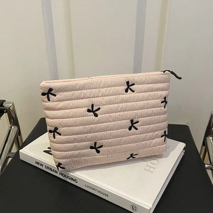 Large Capacity Embroidered Bow Cosmetic Case | Cute Zipper Makeup Bag