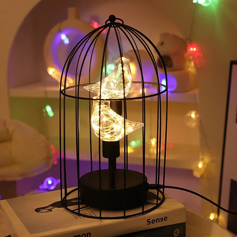 Birdcage Table Lamp Warm White Fairy Light Bird LED Bedroom Living Room Decor