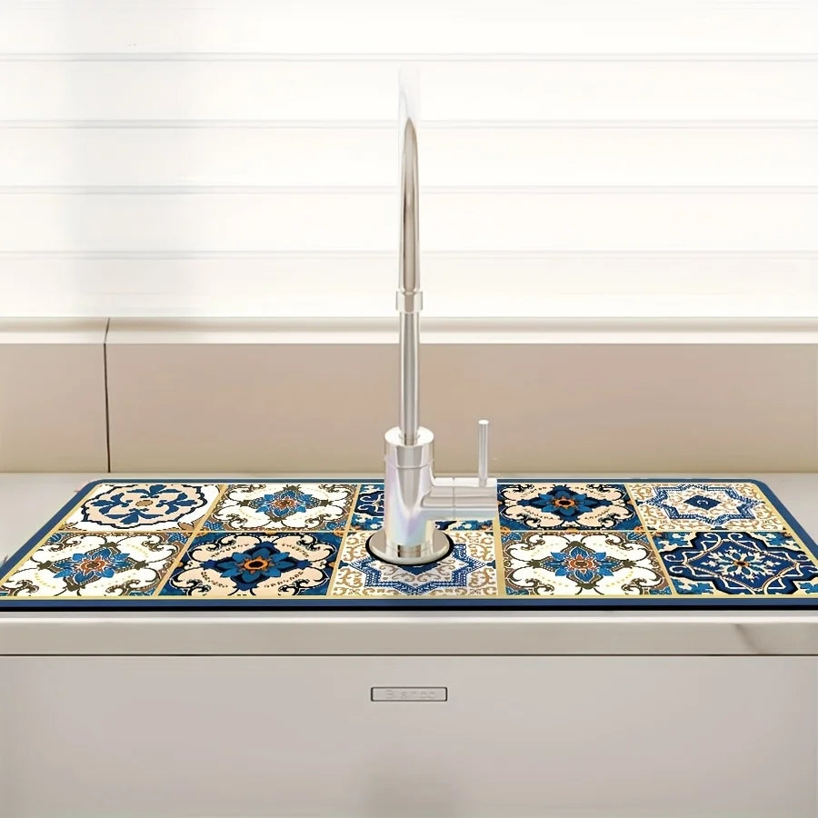 Retro Pattern Diatom Mud Faucet Mat – Absorbent Sink & Countertop Pad