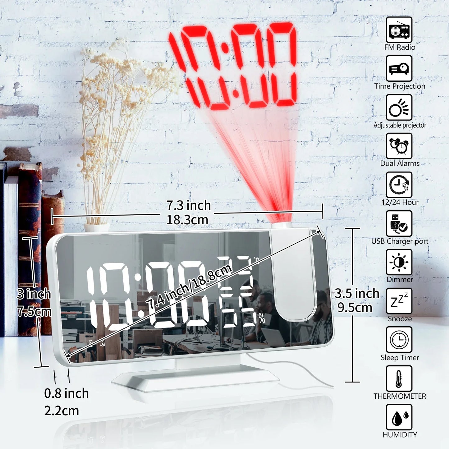HD Projection Alarm Clock Large LED Display Digital Smart Radio Auto Dimming
