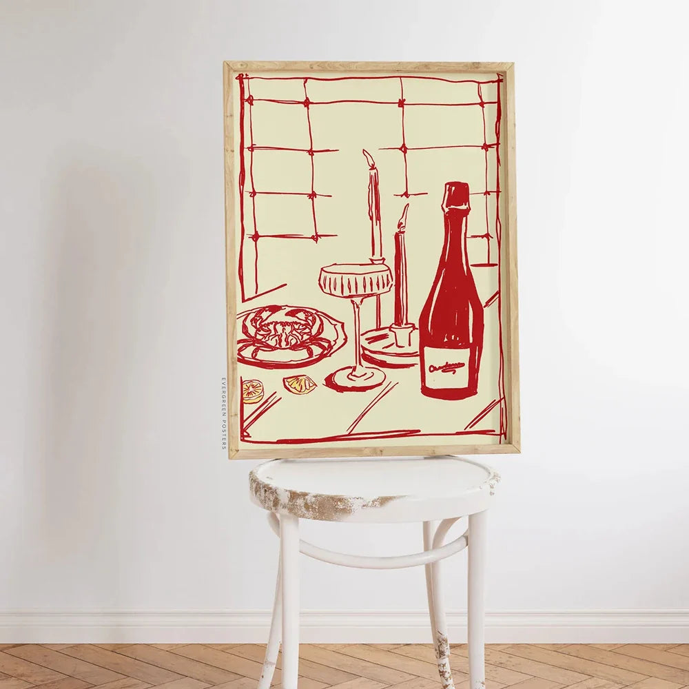 Décoration murale moderne avec un crabe et du vin, dessinée à la main en rouge, pour cuisine rose, salon, chambre à coucher