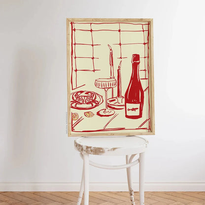 Décoration murale moderne avec un crabe et du vin, dessinée à la main en rouge, pour cuisine rose, salon, chambre à coucher