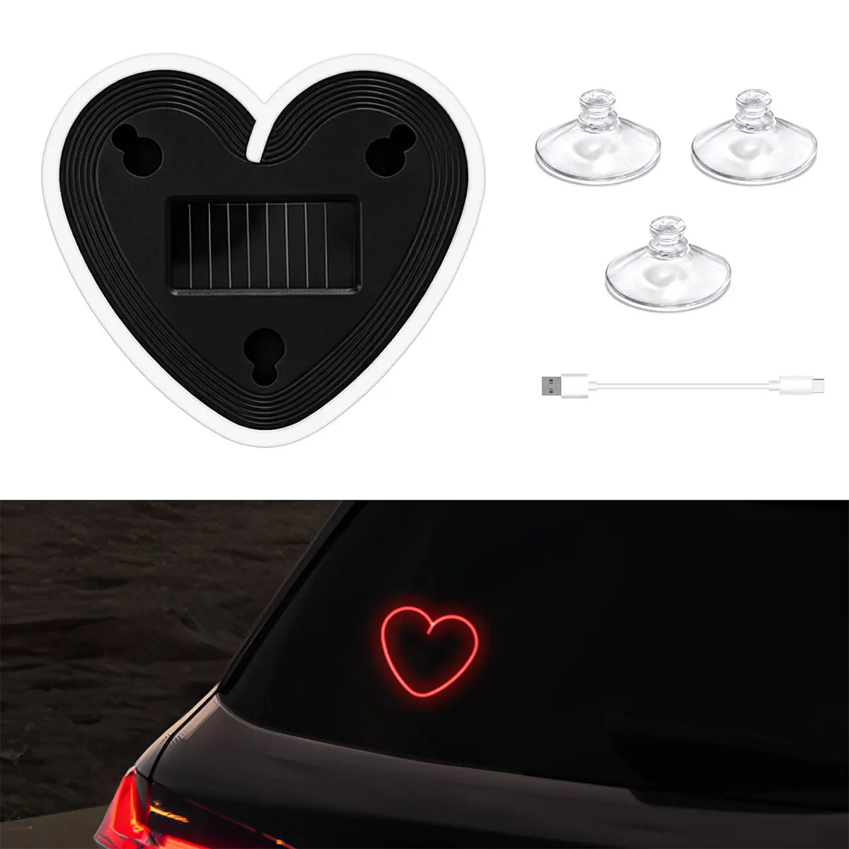 Solar Powered Car Neon Heart Lamp | Wireless LED Ambient Light with Suction Cup