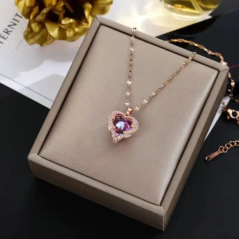 Stainless Steel Crystal Heart Pendant Necklace | Ocean Blue Water-Wave Chain for Women