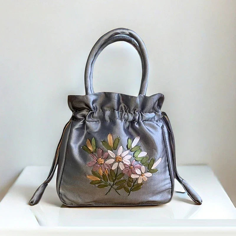 Small Embroidered Flower Bucket Bag | Women's Top Handle Drawstring Purse