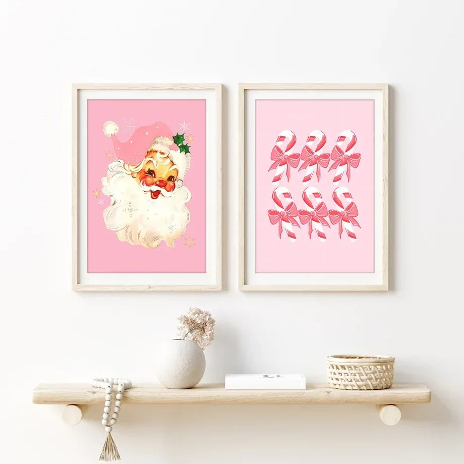 Arte de pared moderno y sencillo, árbol de Navidad rosa, Papá Noel, impresión en lienzo HD, póster, decoración para sala de estar, dormitorio