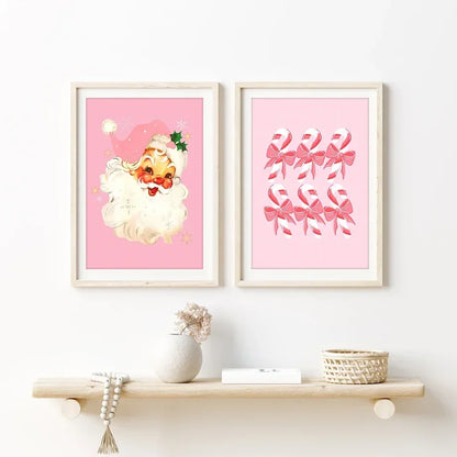 Arte de pared moderno y sencillo, árbol de Navidad rosa, Papá Noel, impresión en lienzo HD, póster, decoración para sala de estar, dormitorio