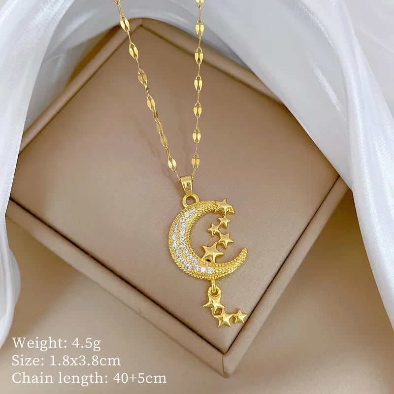 Stainless Steel Crescent Moon Pendant Necklace | Vintage Gold Choker Jewelry for Women