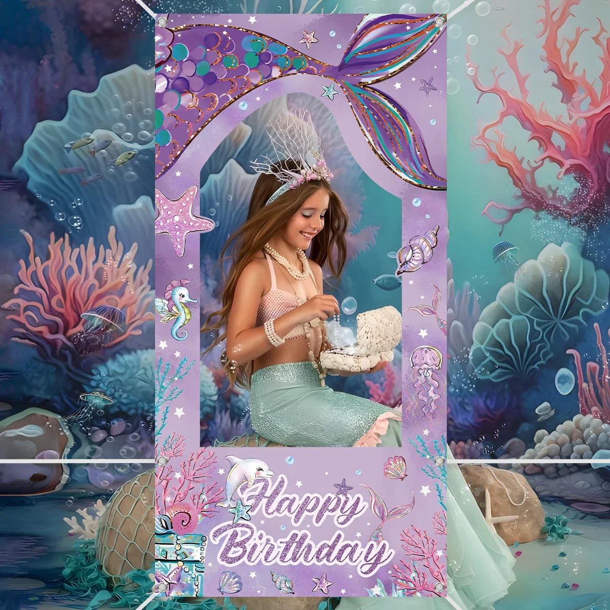 Fond de cadre photo sirène Petite queue de sirène Décoration de fête d'anniversaire Enfants Fille Baby Shower Fournitures de fête d'anniversaire Toile de fond