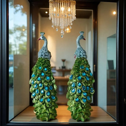 A pair of exquisite peacock ornaments standing on Roman columns add an artistic touch to the home.