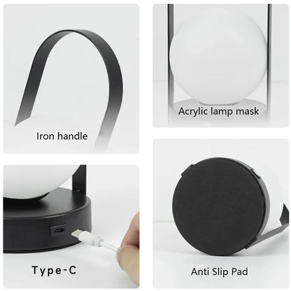Portable Metal Table Lamp Rechargeable Dimmable 3 Color LED Bedside Desk Light