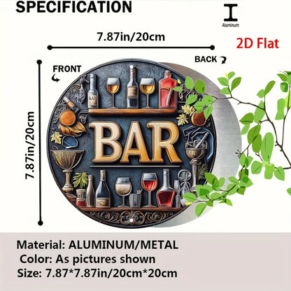 Plano 2D, 1 señal de barra de metal vintage - Elegante diseño de vino y copas, arte de pared redondo retro de aluminio para bares, cafeterías, casas de playa