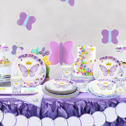 Vaisselle jetable Papillon Violet Serviette Papillon Décoration de Fête d'Anniversaire Fille Baby Shower Baptême Révélation de Genre Fournitures