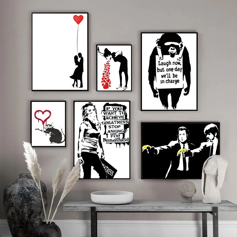 Niña y Globo Rojo Arte de Banksy Pintura en Lienzo con Caracteres Nórdicos Mural Póster para Sala de Estar Dormitorio Bar Decoración del Hogar