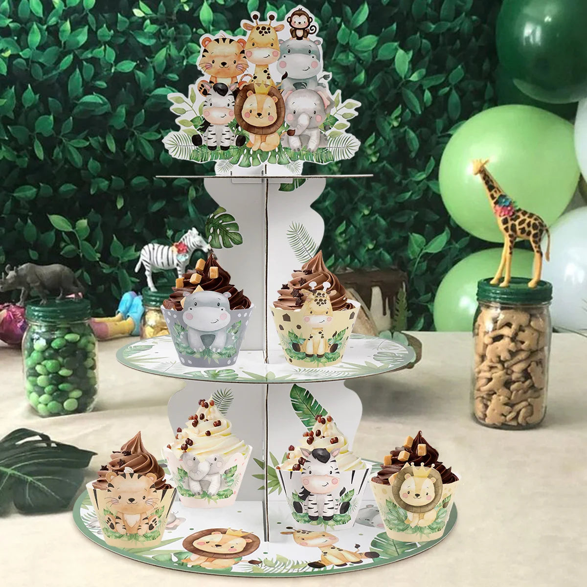 Soporte para cupcakes de animales de la selva, safari, baby shower, decoraciones de fiesta de cumpleaños, soporte para cupcakes, artículos de fiesta salvajes para niños