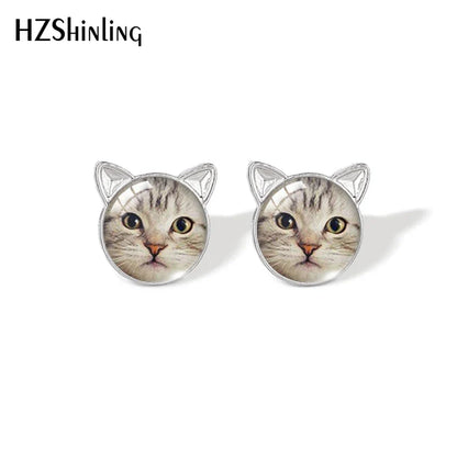 Lovely Cat Face Stud Earrings | Handmade Glass Dome Photo Printed Jewelry for Women