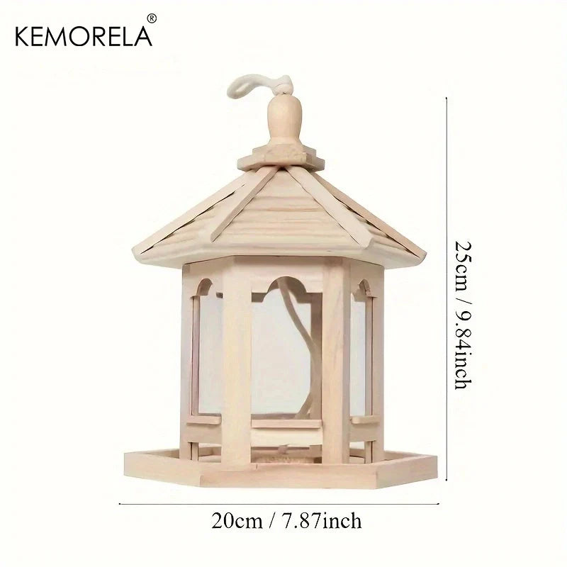 KEMORELA Comedero de pájaros de madera, 1 unidad, decorativo para exteriores, tejido, para colgar, casa de pájaros, jaula, sistema de alimentación de agua