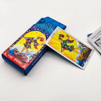 Jeu de cartes de divination laser Tarot espagnol en feuille d'or pour débutants 12x7cm avec guide bilingue