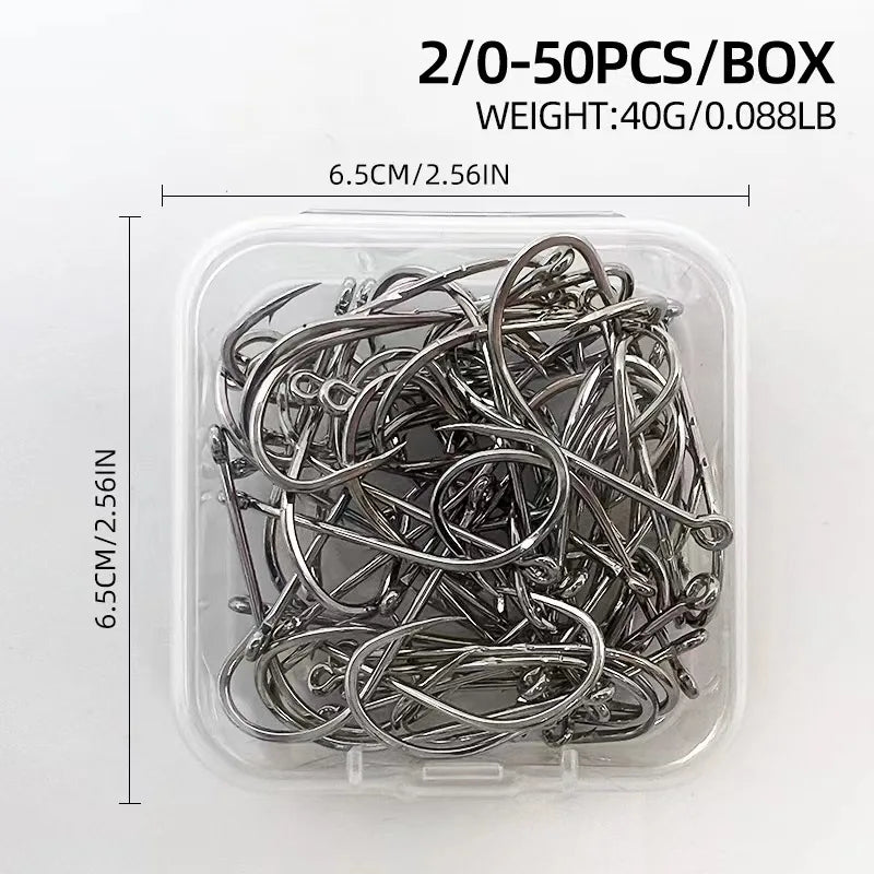 ShareShark 50-Piece High Carbon Steel Fishing Hooks with Barbed Curved Mouth | Long Shank Saltwater Hooks