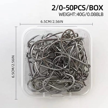 ShareShark 50-Piece High Carbon Steel Fishing Hooks with Barbed Curved Mouth | Long Shank Saltwater Hooks