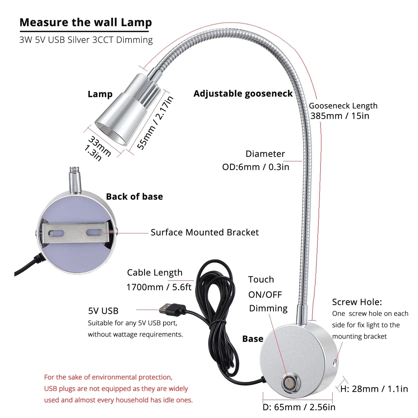 USB Wall Reading Lamp Dimmable Gooseneck Bedside Light 3CCT CRI98
