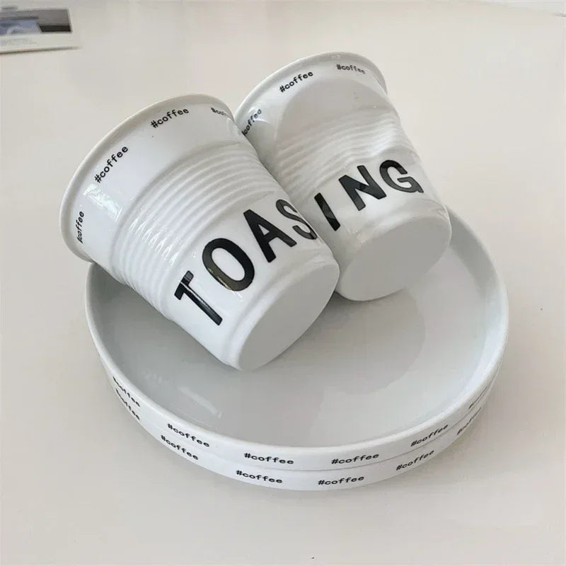 Tasse à café et tasses de style coréen de 200 ml, tasse en céramique blanche nordique froissée de 200 ml, gobelet à café, lettre anglaise