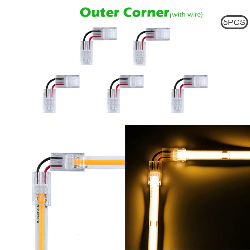 LED Strip Connectors and Fixing Clips Kit | 2-Pin COB Corner Connectors for Tape Lights