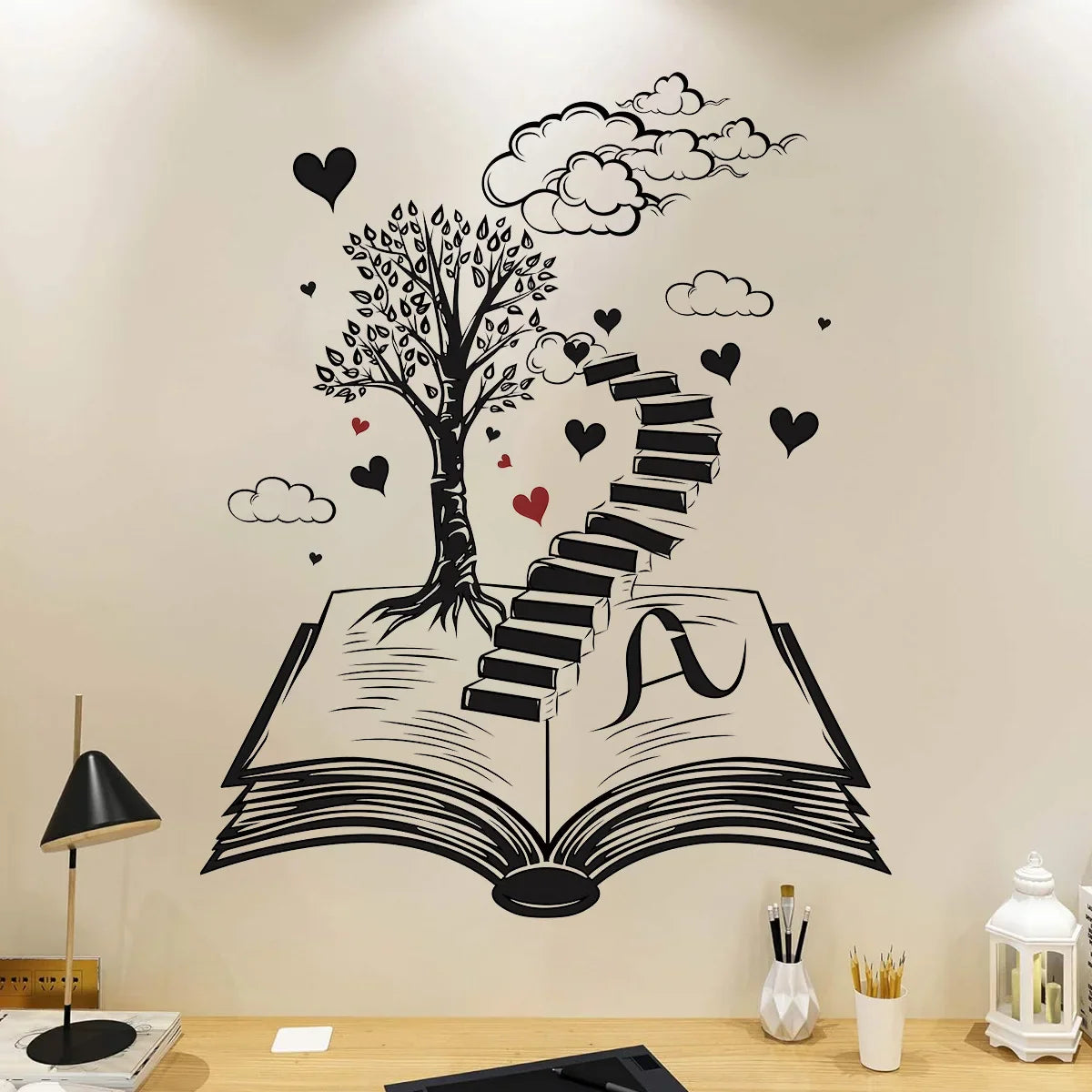 Wall Stickers for Living Room Bedroom | Creative Black Heart Book World Ladder Tree Wall Decals
