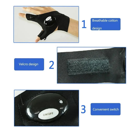 LED Flashlight Gloves | Waterproof Fingerless Illumination Gloves for Running, Cycling, Camping, Hiking, Rescue
