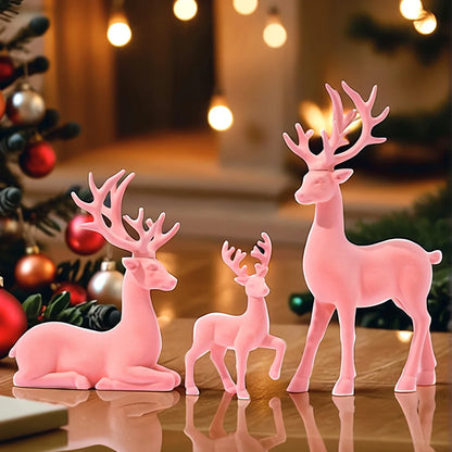 3 Pcs Large Figurines Christmas Decorations Pink Flocked Reindeer Statue Christmas Decor,White Elk Solid Synthetic Resin