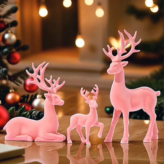 3 Pcs Large Figurines Christmas Decorations Pink Flocked Reindeer Statue Christmas Decor,White Elk Solid Synthetic Resin