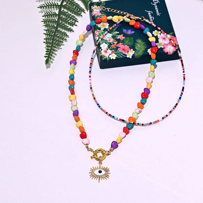 Heart Choker Necklace with Colorful Beads | Bohemian Eye Pendant Set for Women